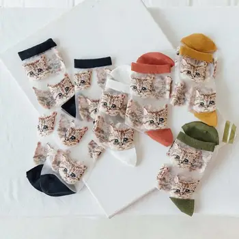 

Transparent Women Sock Summer Sheer Fashion Socks Women's Shiny Mesh Cute Cat Short Candy Cotton Cute Casual Socks Female
