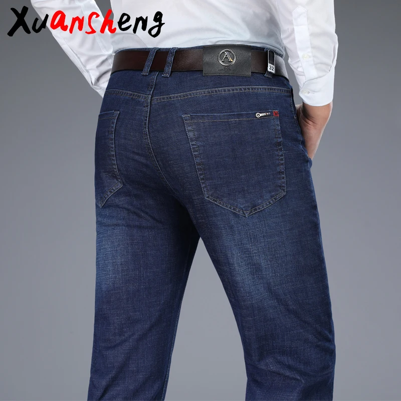 XuanSheng, синие, черные мужские джинсы,, брендовые, новые, стрейчевые, прямые, темные, плотные, деловые, повседневные, длинные штаны, классические, уличная одежда, джинсы