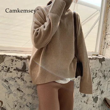 

CamKemsey Korean Chic Loose Winter Knitted Sweaters For Women Autumn Casual Solid Long Sleeve Turtleneck Sweaters And Pullovers
