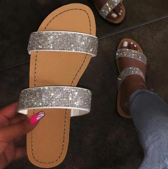 

2020 Dimond women slippers summer crystal Hollow flat Slide ladies open toe Comfort slip on Outdoor beach sandals woman shoes