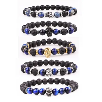 New Fashion High Quality Natural Stone Beads Stainless Steel Skull Charm Elastic Beads Bracelet Jewelry Men