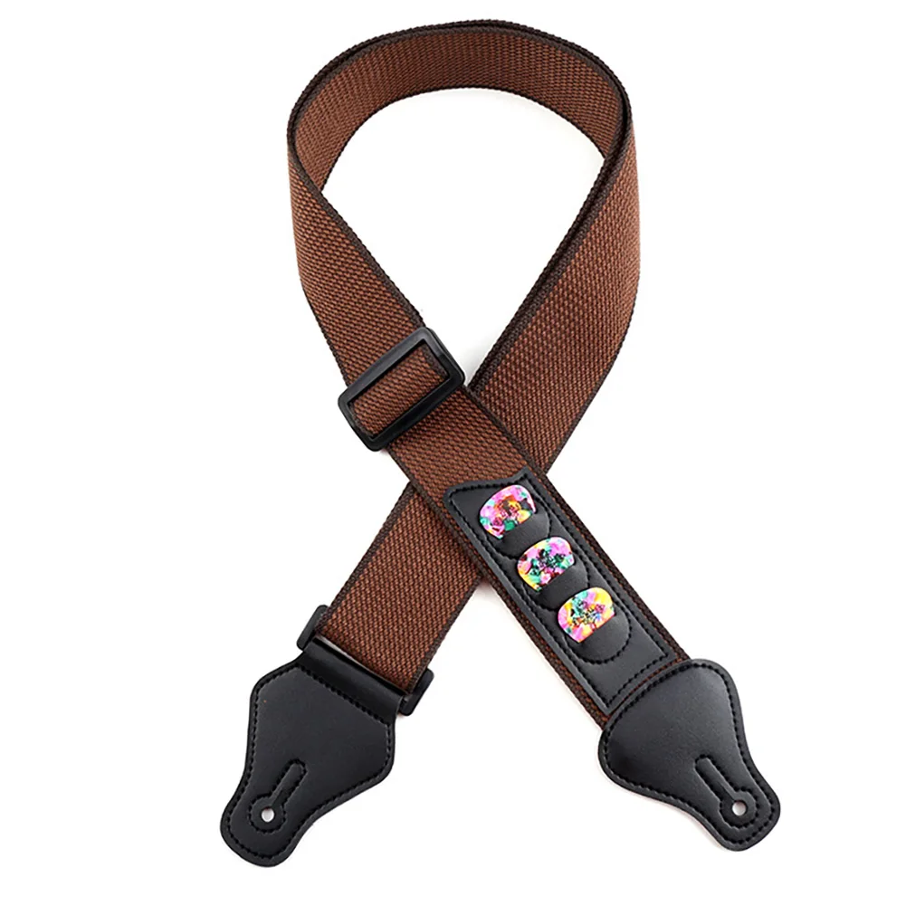 

Electric Acoustic Bass Guitar Strap Adjustable Cotton Straps Leather Ends With 3 Guitar Pick Holders Guitar Accessories #326