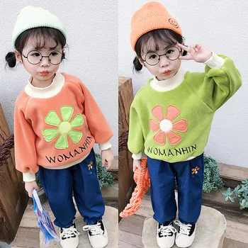 

Explosion children's clothing autumn and winter baby girl plus velvet flower jeans half-high collar candy color two-piece