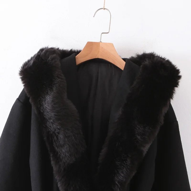 RR однотонные шерстяные пальто с капюшоном для женщин модные негабаритные куртки с меховым воротником Элегантные женские пальто с поясом для дам KA
