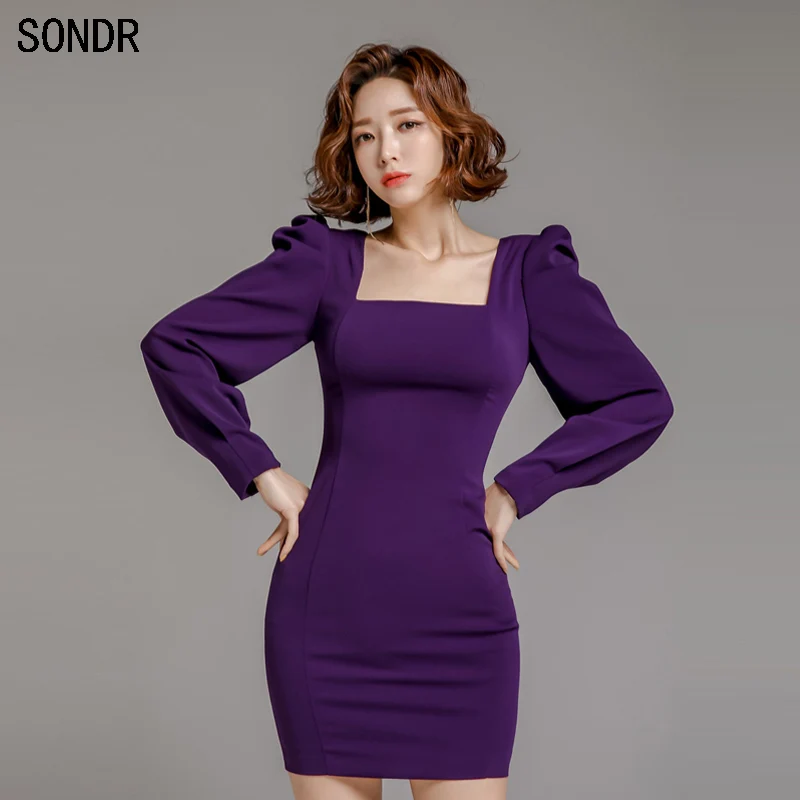 

New Spring Summer Women Solid Color Elegant Vestidos Business Party Mini Dress Korean Style Fashion Square Collar Bag Hip Dress