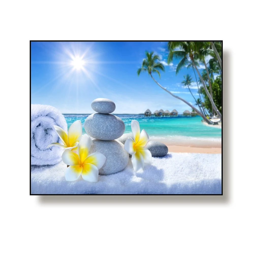 Canvas Painting Bath towels and stacked stones Sun & beach Art Poster Picture Wall Decor Modern Home Decoration For Living room