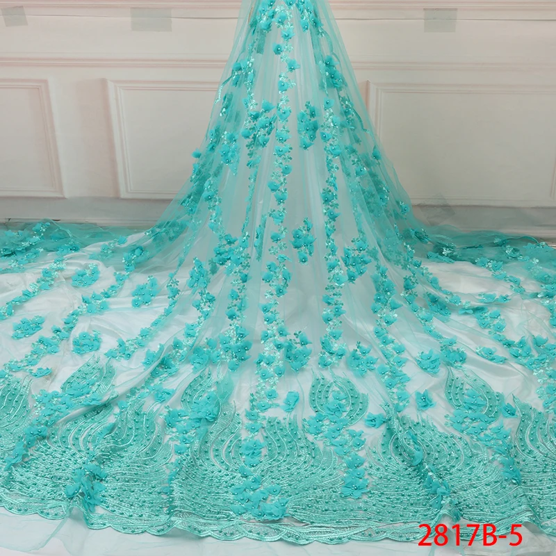

African Tulle Lace Fabric High Quality French Lace Fabric with Beads Nigerian Embroidery 3d Lace Fabrics for Women APW2817B