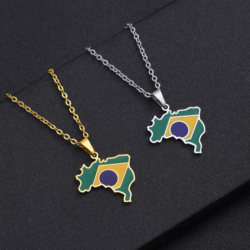 Brazil Map Flag Pendant Necklace Men Women Stainless Steel Gold Silver  Color Country Map Brazilian Jewelry Gift