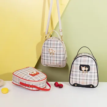 

PU Leather New Korean Version of The Ladies Plaid Small Backpack Cat Pearl Mobile Phone Pouch Mochila Mujer Sac A Dos