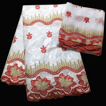 

White and red African bazin riche getzner 5 yards and tulle lace 2 yards for dress latest African lace fabric high quality lace