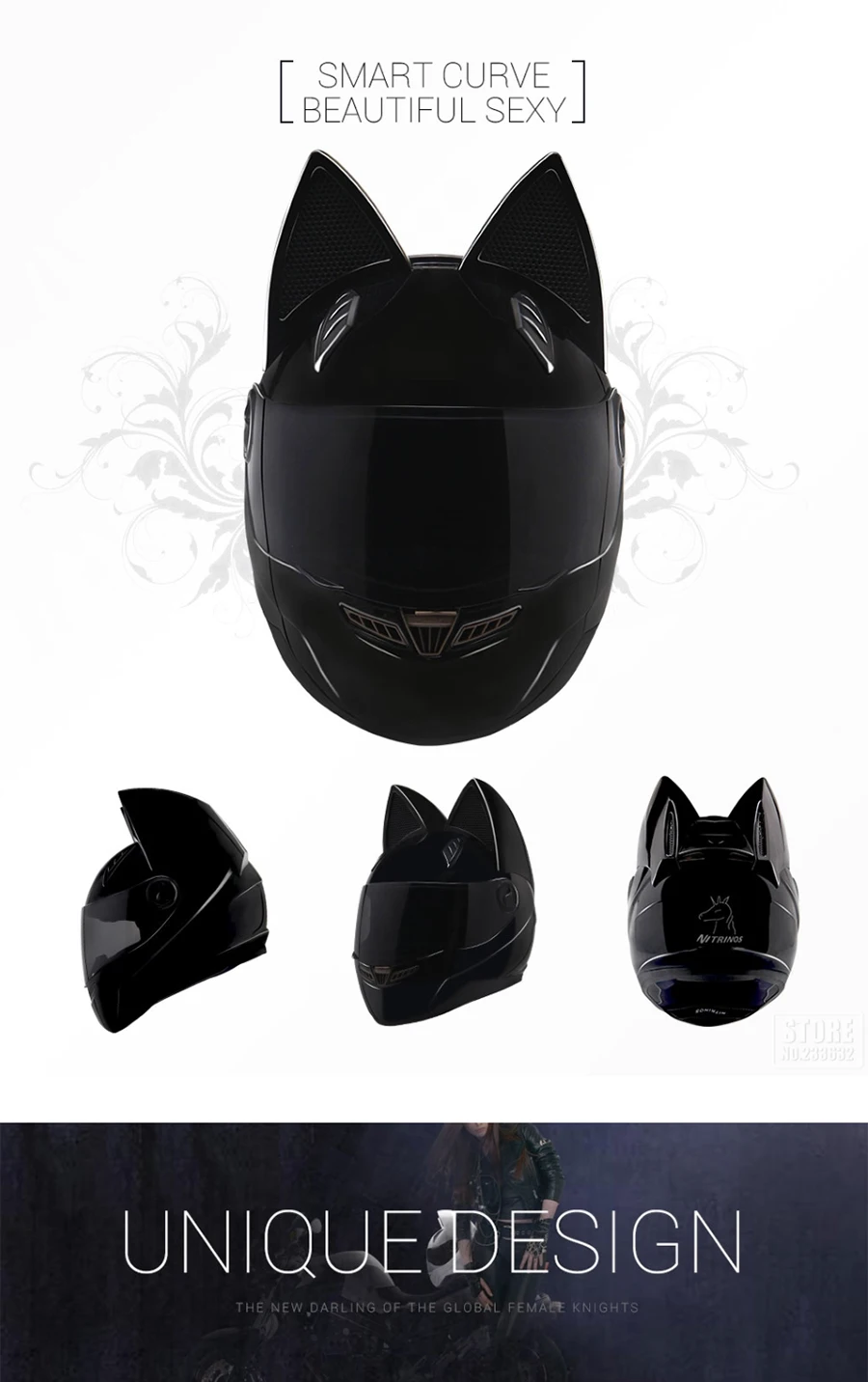 NITRINOS мотоциклетный шлем для женщин, мотоциклетный шлем, черный шлем в виде кошачьей головы, полнолицевой мотоциклетный шлем, модный мотоциклетный шлем