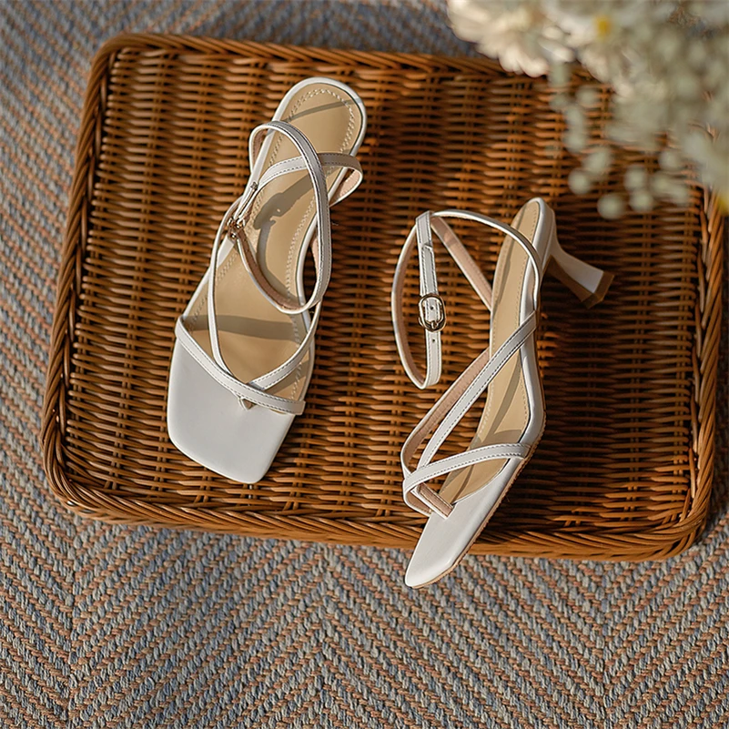 Women High Heels Sandals Genuine Leather Narrow Band Square Toe Thin Heel for Women Summer 43 women high heels platform high heels sandals