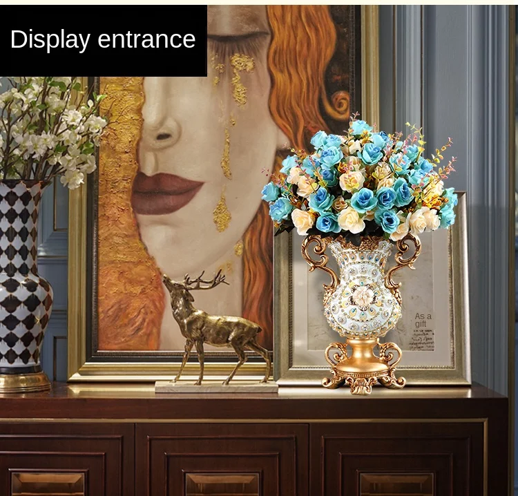 Luxury European Resin Vase Stereoscopic Dried Fowers Arrangement Wobble Plate Living Room Entrance Ornaments Home Decorations