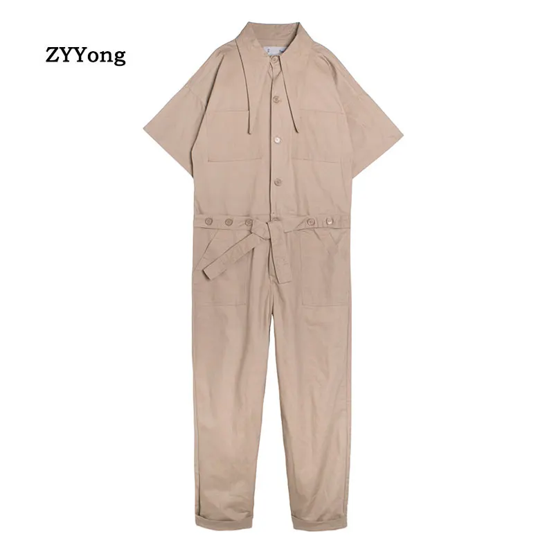 

Men Hip-Hop Punk Jumpsuit Overalls Romper Long Cargo Pants Man Short Sleeves Solid Color Casual Jumpsuits Overalls Ankle Length