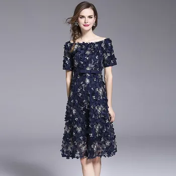 

Blue Sexy slash collar butterfly Embroidered Runway A-Line Dress Women Short Sleeve High Waist Summer Office Work Party Dresses