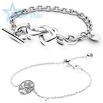 

Blue Star 100% 925 Sterling Silver - original pandoras Knotted Hearts T-Bar - Tree of Life Bracelet with Sliding Clasp