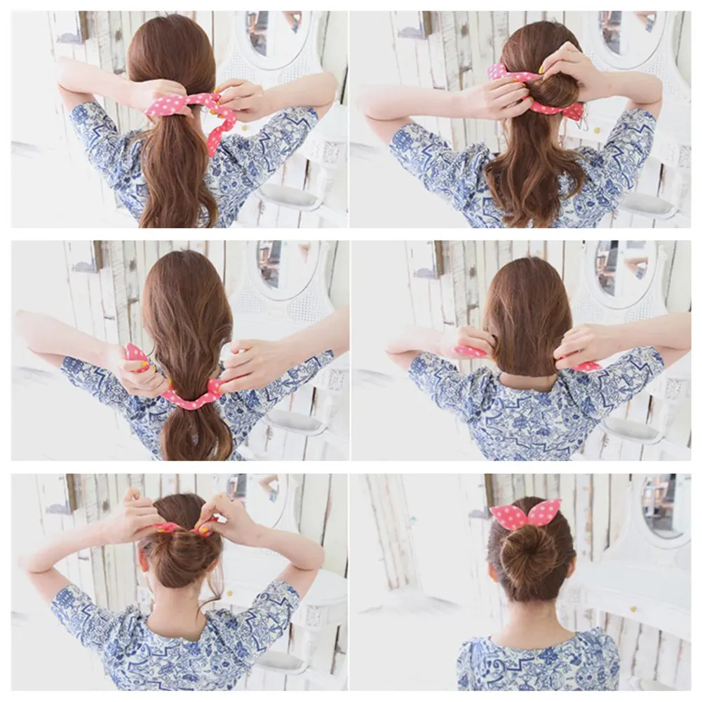 Hair Accessory Women Bunny Ear Sponge Hair Twist Styling Clip Stick Bun Maker Braid Magic Tools Floral Polka Dot Female Hairband