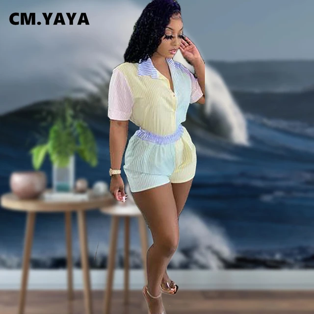 CM.YAYA Elegant Women's Two 2piece Set for 2022 Summer Solid Short Sleeve  Shirt and Shorts Matching Set Fitness Tracksuit Outfit