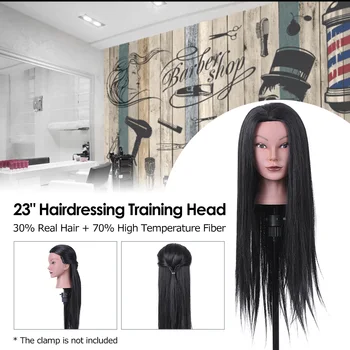 

23" Hairdressing Training Head Dummy Head Cosmetology Mannequin Head 30% Real Hair + 70% High Temperature Fiber Black