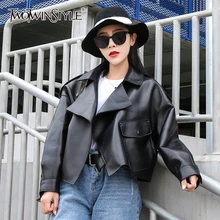 TWOTWINSTYLE женские пальто из искусственной кожи с отворотом и длинным рукавом, женские пальто с карманом, Женская Осенняя мода, новая одежда