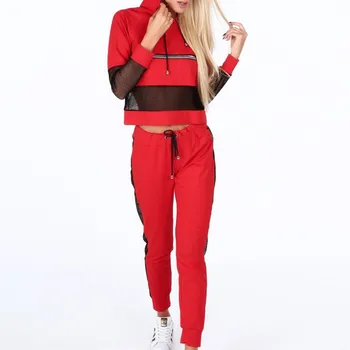 

2019 Autumn Womens Two Piece Set Elegant Mesh Spliced Long Sleeve Short Pullover And Trousers Sweatshirt Sets Casual Tracksuit