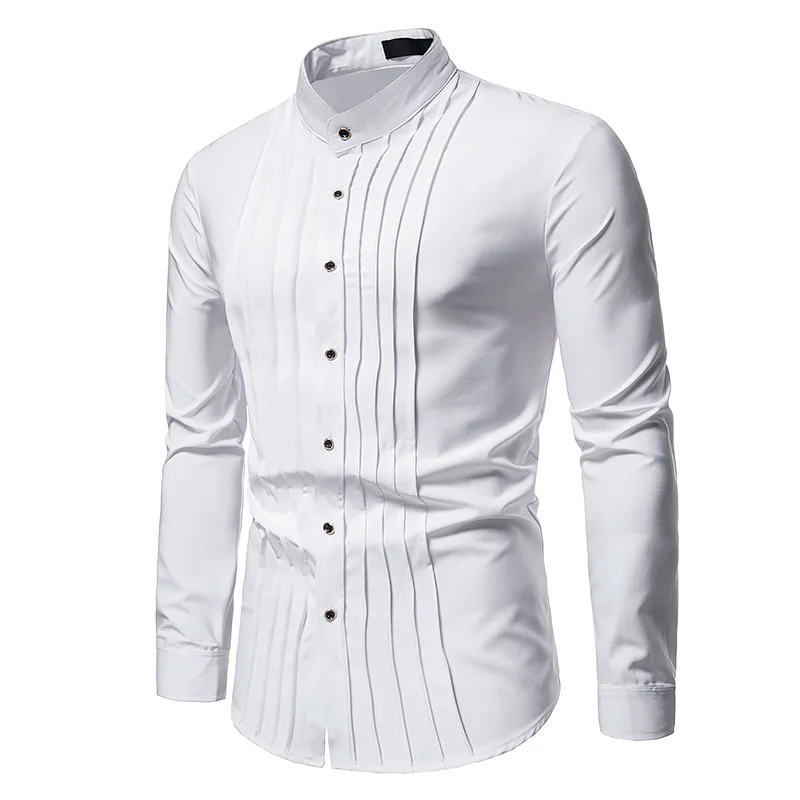 white short sleeve shirt PARKLEES 2021 Autumn Henley Shirts for Men Bridegroom Wedding Formal Slim Fit Long Sleeve Shirt Pleats Tuxedo Vintage Clothes men's short sleeve shirts & tops