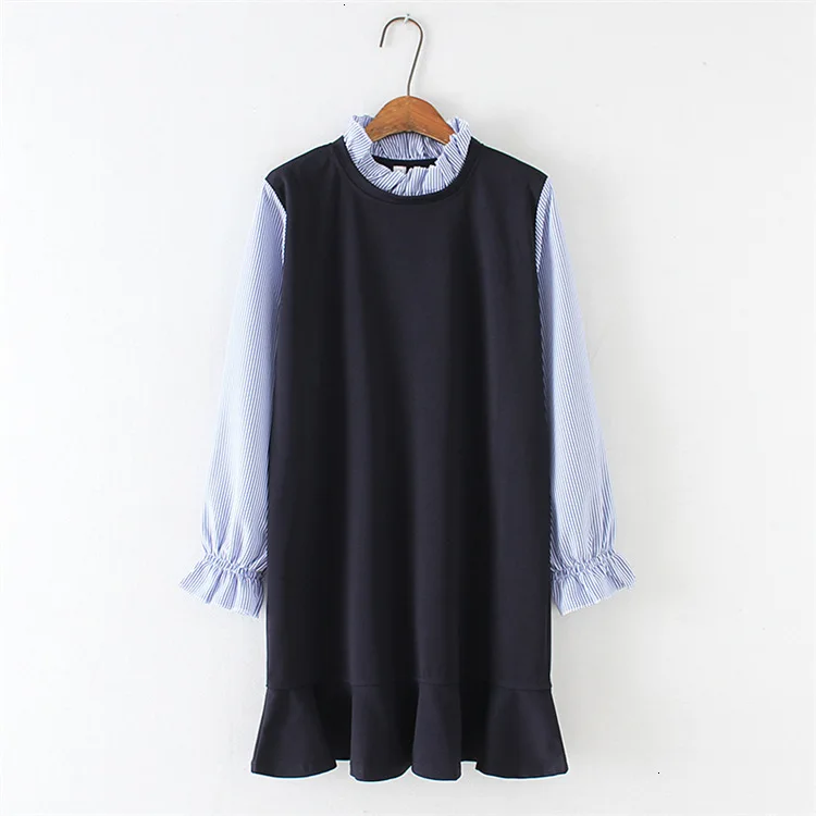 

Plus Size Women's Dark Blue False Twin -edged Dress Lent Female stripe Women's stripes Clothing 4XL 5XL