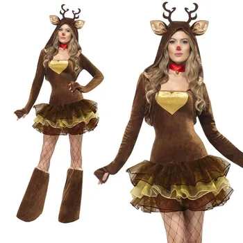 

Reindeer Cosplay Costumes Christmas Female Japanese Style Lovely Brown Festival Celebration Performance Conjoined Skirt Suit