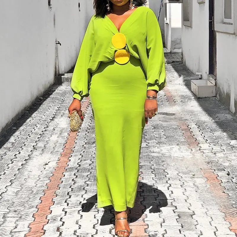 

Big Size 3XL V-Neck Ankle-Length Lantern Sleeve Bodycon Dress Long Sexy Avocado Green High Waist Maxi Evening Club Party Dresses