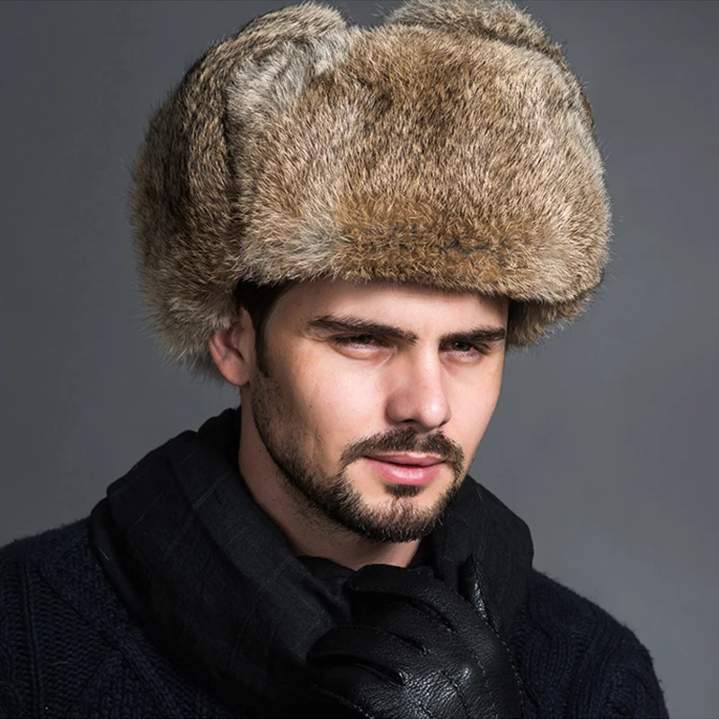 Russian Style Rabbit Fur Ushanka Black Winter Cossack Ski Hat Cold Dutch New 