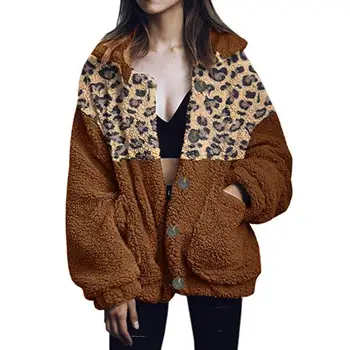 

Women Winter Leopard Print Patchwork Lapel Collar Buttons Warm Fleece Coat Jacket