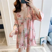 Пижамное платье+ банный халат, Женская пижама с цветочным принтом, шелковый халат, набор, сексуальное ночное белье с нагрудной накладкой, домашняя одежда, 2 шт., комплект для отдыха