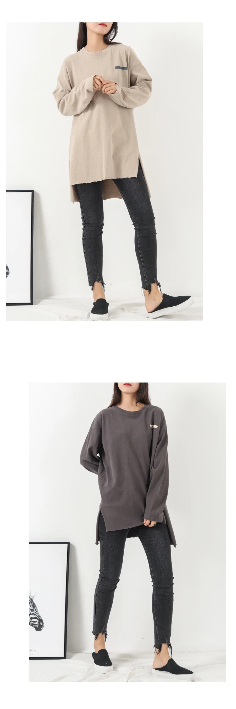 [DEAT] Women Side Spliced Back Print Loose Fit T-shirt New Round Neck Long Sleeve Fashion Tide Spring Autumn 19L-a46