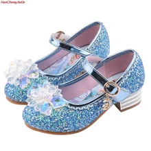 Милый Кристалл для девушки обувь мультфильм принцесса высокий каблук стекло дети розовый небесно-голубой студенческий Высокий каблук обувь 25-35 школы