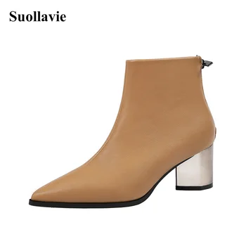 

New Zip Ankle Boots Winter Warm Booties for Women Chunky Square Med Heels Shoes Pointed toe Casual Leather Ladies Short Boot