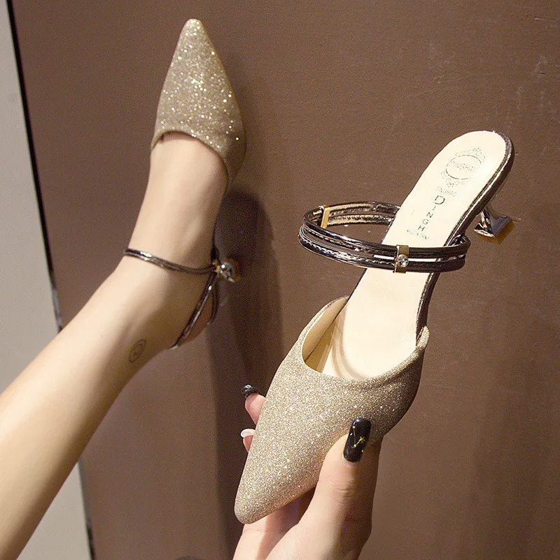 

WOMEN'S Sandals 2019 Summer New Style Korean-style Pointed-Toe Semi-high Heeled Closed-toe Sandals Europe And America Thin Heele