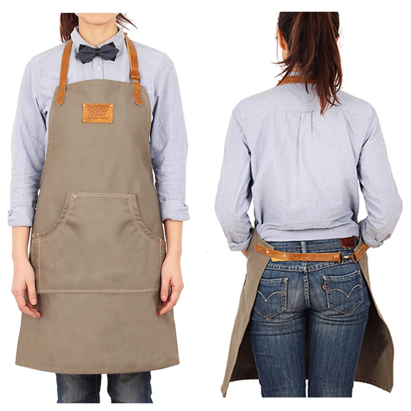 

2020 BBQ Senior Canvas Khaki Apron Bib Leather Straps Kitchen apron for Women Men cooking Restaurant Waitress Custom Print Logo