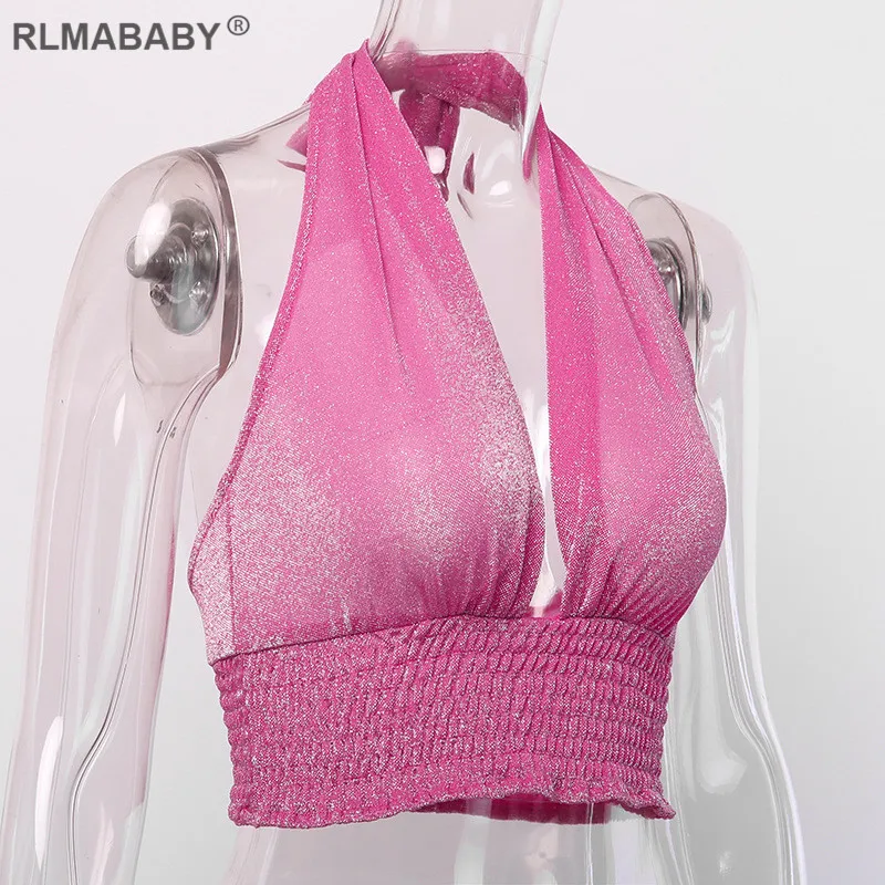 RLMABABY Блестящий короткий узкий топ с глубоким v-образным вырезом без рукавов с открытой спиной пикантные женские топы летние повседневные пляжные вечерние топ с повязками Топ