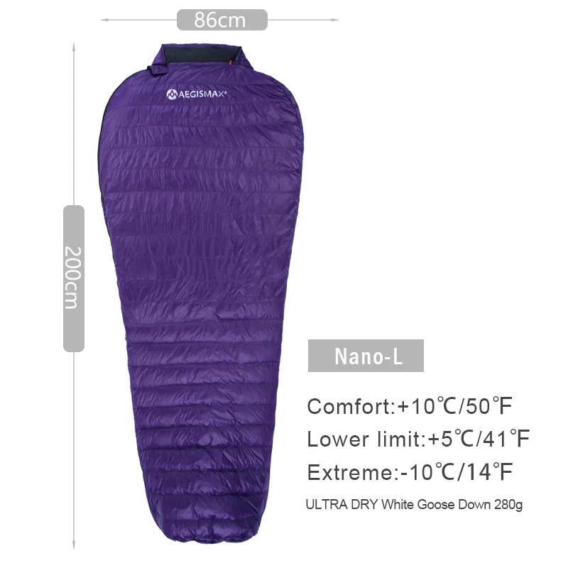 AEGISMAX мини обновление NANO Открытый Кемпинг Сверхлегкий Мумия взрослый ленивый мешок весна осень гусиный пух спальный мешок - Цвет: NANO Purple Long