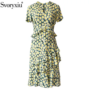 

Svoryixu 2020 Designer Brand Summer Sexy V-Neck Dress Women's Short Sleeve Flower Print Tiered Ruffles Holiday Dresses Female