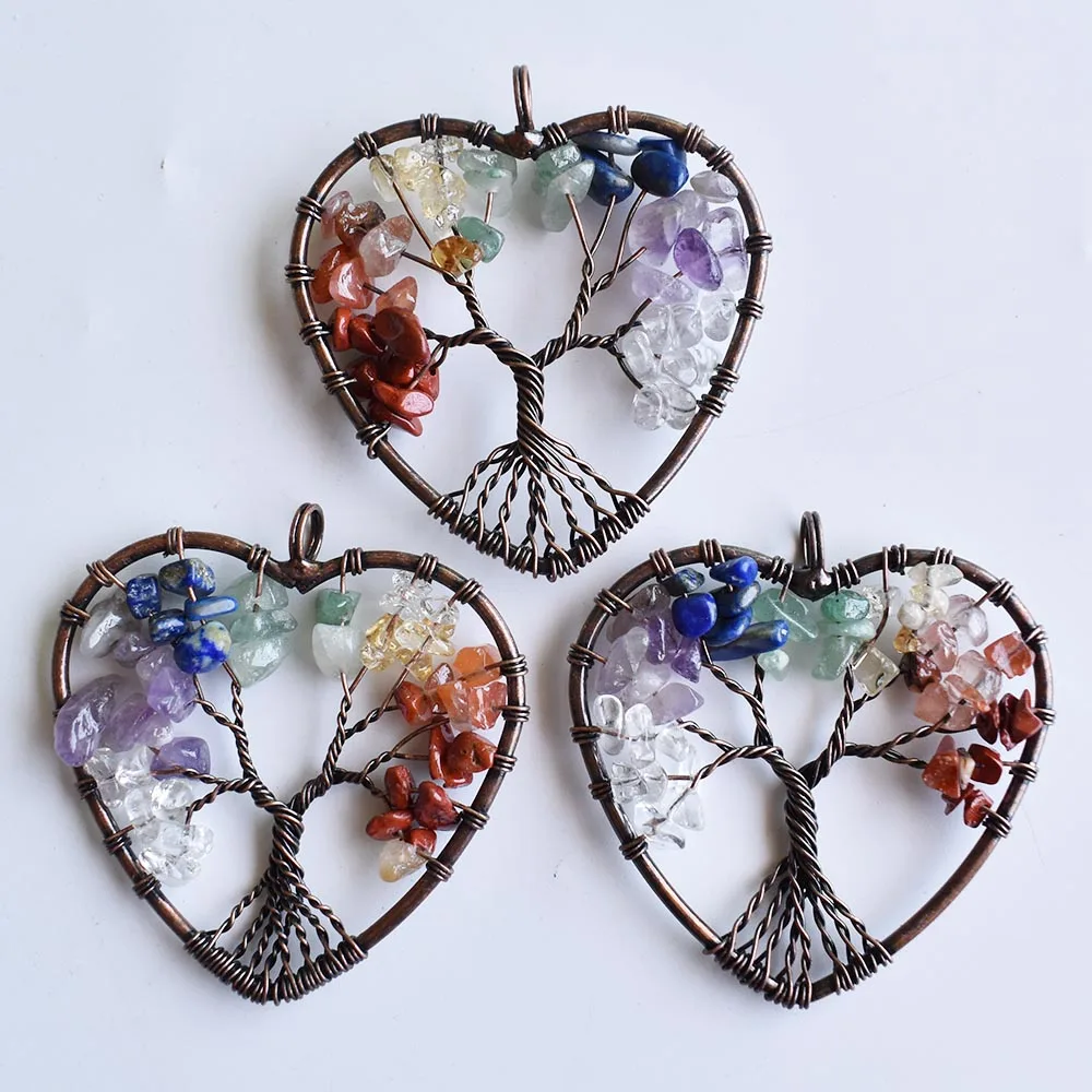 Wholesale 6pcs natural amethysts wire wrapped tree of life heart pendants 