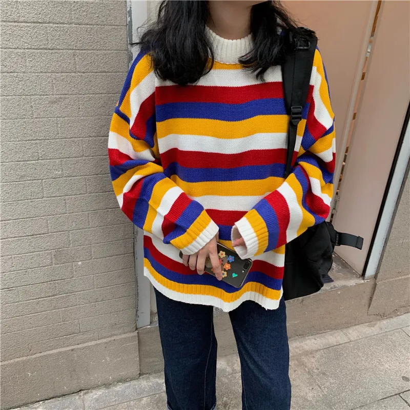 

Winter Cute Women Rainbow Sweater 2019 Korean Preppy Style Loose Femme Pull Vintage Yellow Red Striped Ladies Knitted Jumper