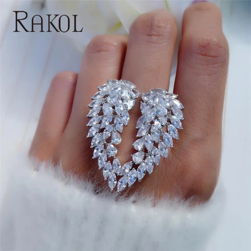 Роскошные брендовые кольца RAKOL с кубическим цирконием AAA белого цвета, открытые кольца с крыльями для женщин, модные ювелирные изделия с кристаллами для свадебной вечеринки RR12329