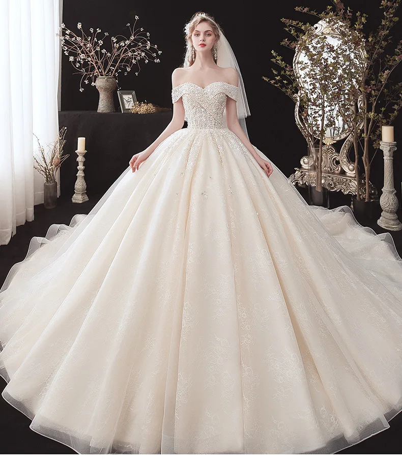 Champagne Long Train Lace Wedding Dress A Line Crystals Beading Vestidos De Novia Off The Shoulder V Neck Bridal Dresses 2020 | Свадьбы и