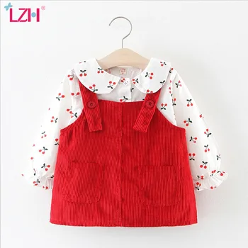 

LZH 2020 New Autumn Baby Casual Cherry Print Shirt+Strap Dresses For Baby Girls Princess Dress Newborn Clothes Infant Dress 2pcs