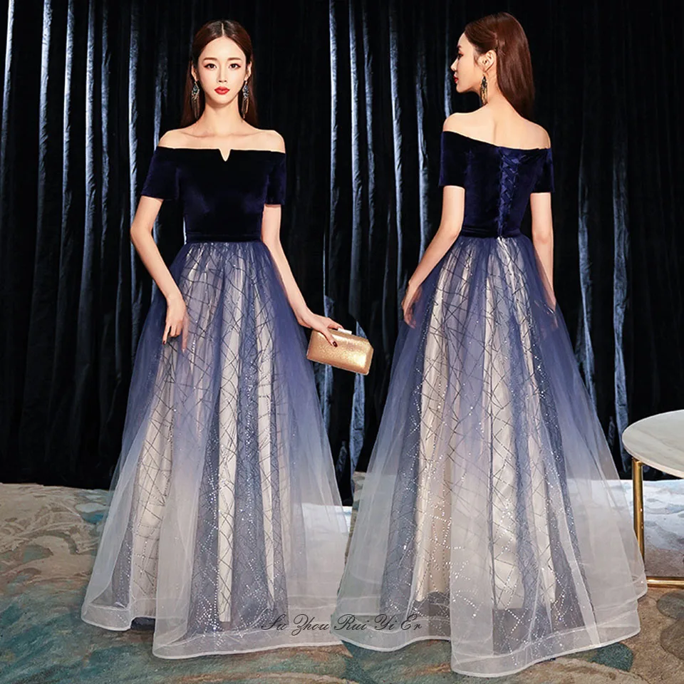 Light Blue Vestidos De Fiesta, платья для выпускного вечера с открытыми плечами,, бархатный топ со шнуровкой сзади, фатиновая юбка, вечерние платья для особых случаев, Robe De Soiree - Цвет: Light Blue