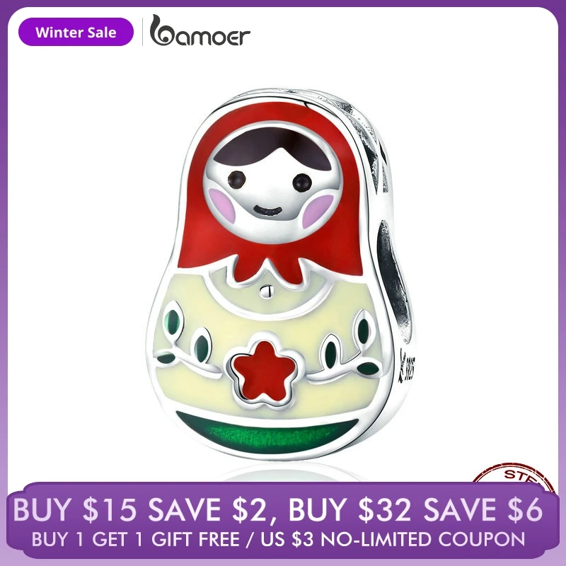

BAMOER 100% 925 Sterling Silver Colorful Enamel Matryoshka Beads Charms fit Women Bracelets & Bangles Jewelry Making SCC1086