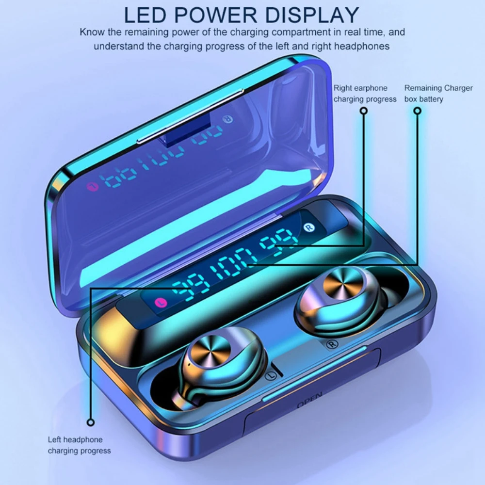 

F10 Wireless Bluetooth Earphone 9D Stereo Earphones Waterproof TWS Headset with mic Noise Cancel Headphone 3 LED Charger Box Hot