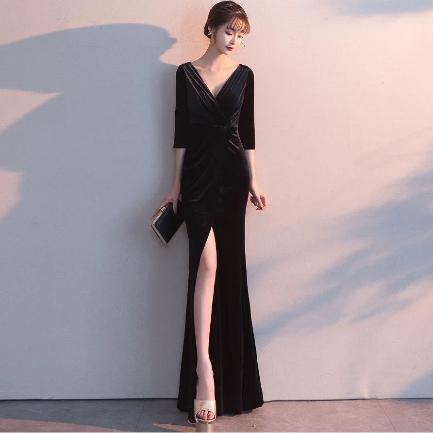 Black Beauty-Emily, вечернее платье с v-образным вырезом и коротким рукавом, длинное бархатное платье русалки с разрезом, вечернее платье, новая мода, robe de soiree - Цвет: Black