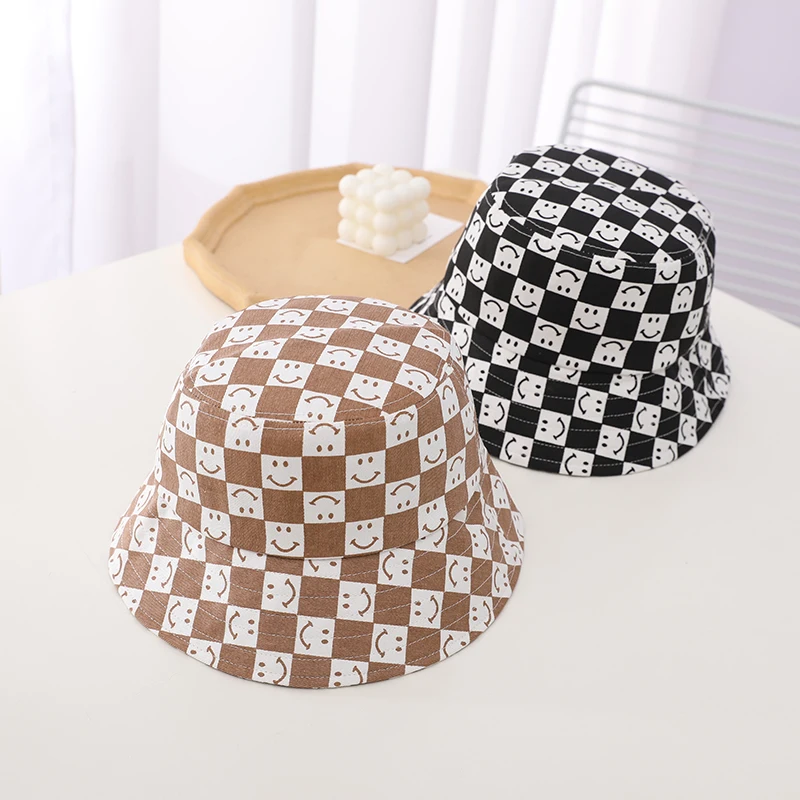 Doitbest Spring 2022 Autumn baby kids Bucket Hats Cotton Checkerboard smile Sun Cap Boy Girls Outdoor Beach Fisherman Hat